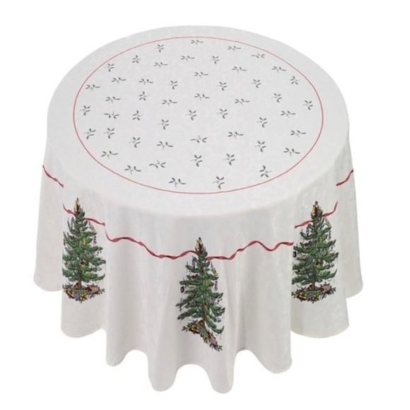 Spode Christmas Tree Tablecloth 70" Round WHT Damask RED Ribbon Tweel NEW Unused - Picture 4 of 6